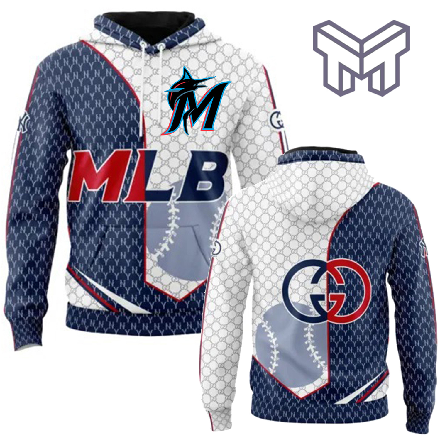 Miami Marlins + MLB Logo Hoodie 3D + Baseball Print + Navy Blue