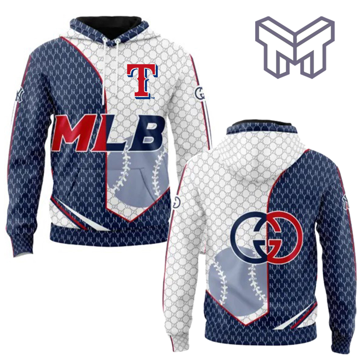 MLB Statement Hoodie 3D Premium Baseball Texture Navy Blue
