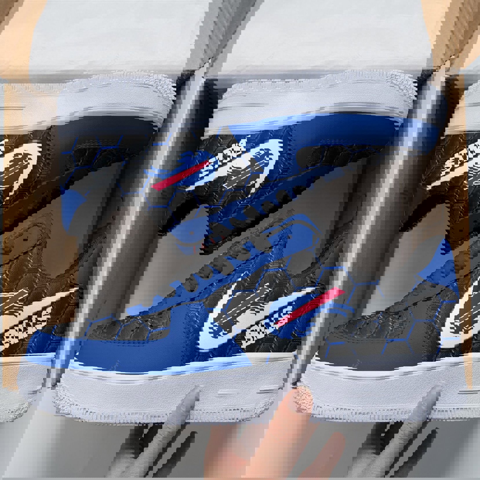 Nike AF 1 Sneaker | Blue and Black Hexagon Texture + Bills Edition