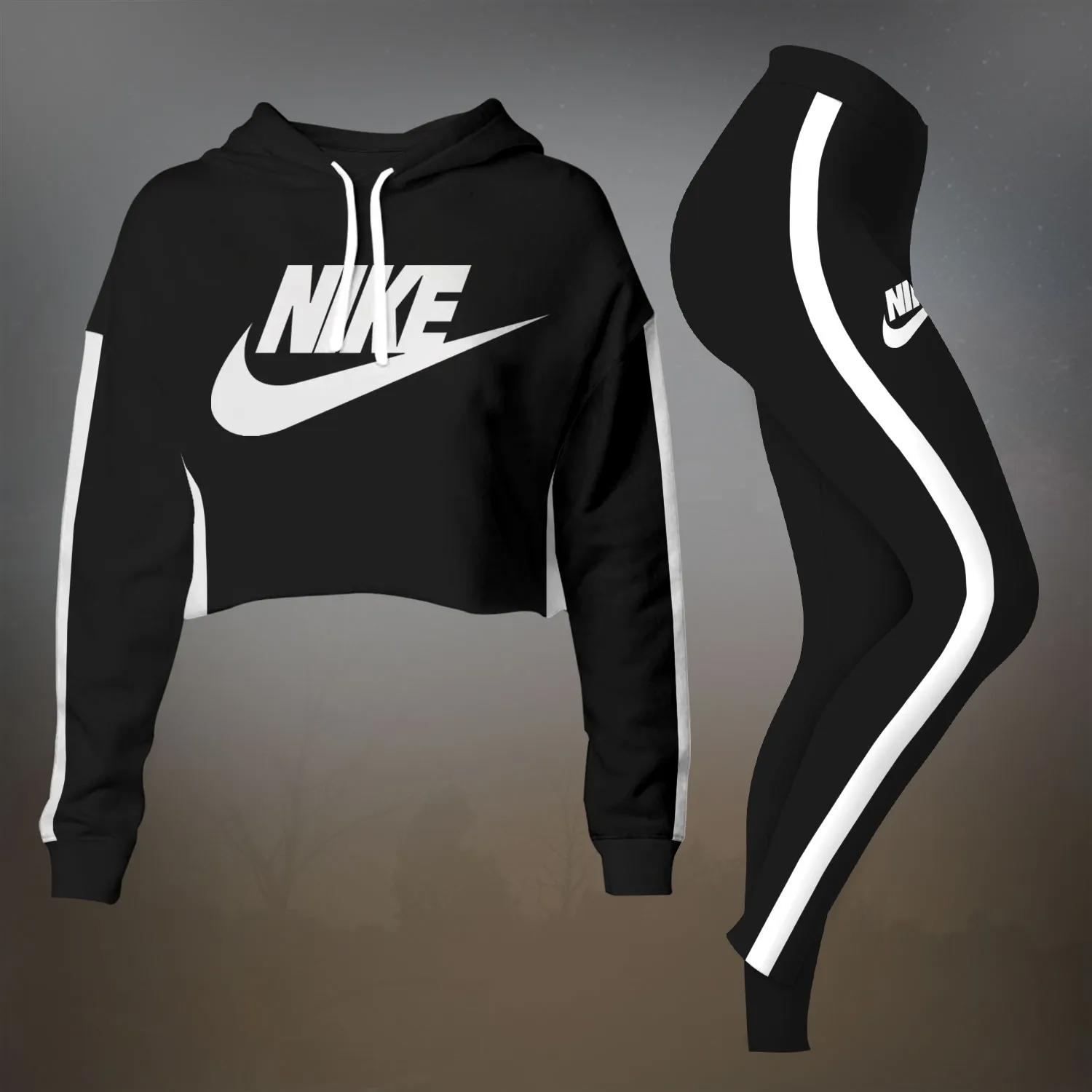 Nike Black and White Striped Crop-Top T-Shirt and Leggings Set - Modern Luxury Ensemble