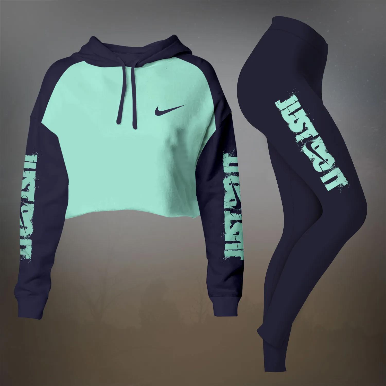 Nike Statement Hoodie Crop-Top T-Shirt and Leggings Set | Midnight Navy & Mint Glow