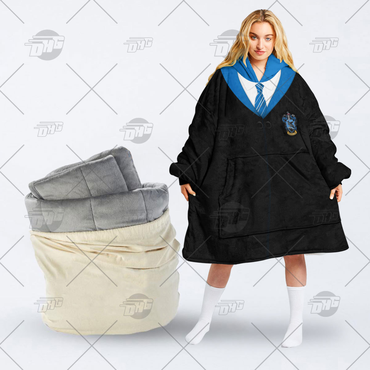 Oodie Cozy Robe with Ravenclaw Emblem and Plush Texture