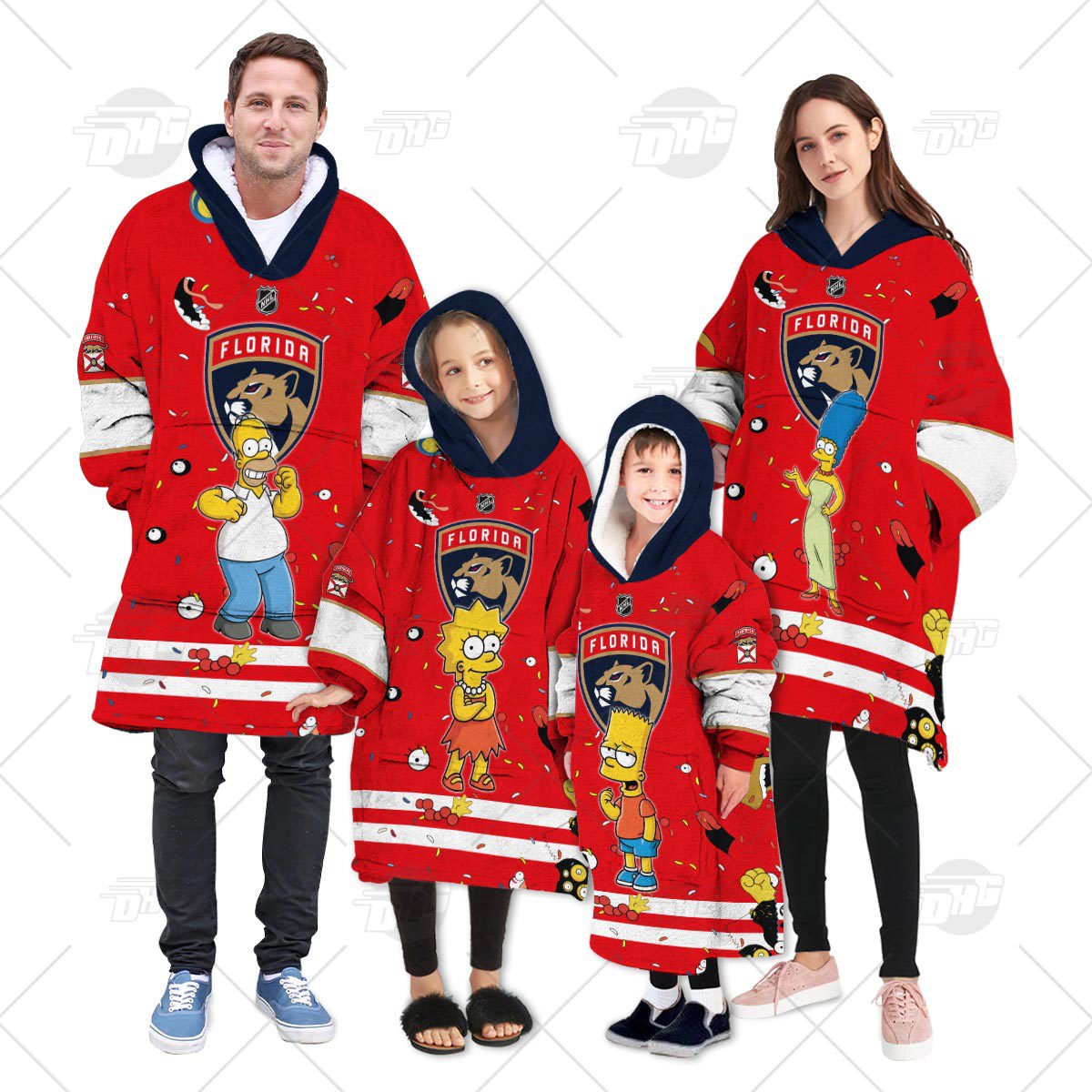 Oodie Red Sherpa-Lined Hooded Blanket with Simpsons Characters & Florida Panthers Logo