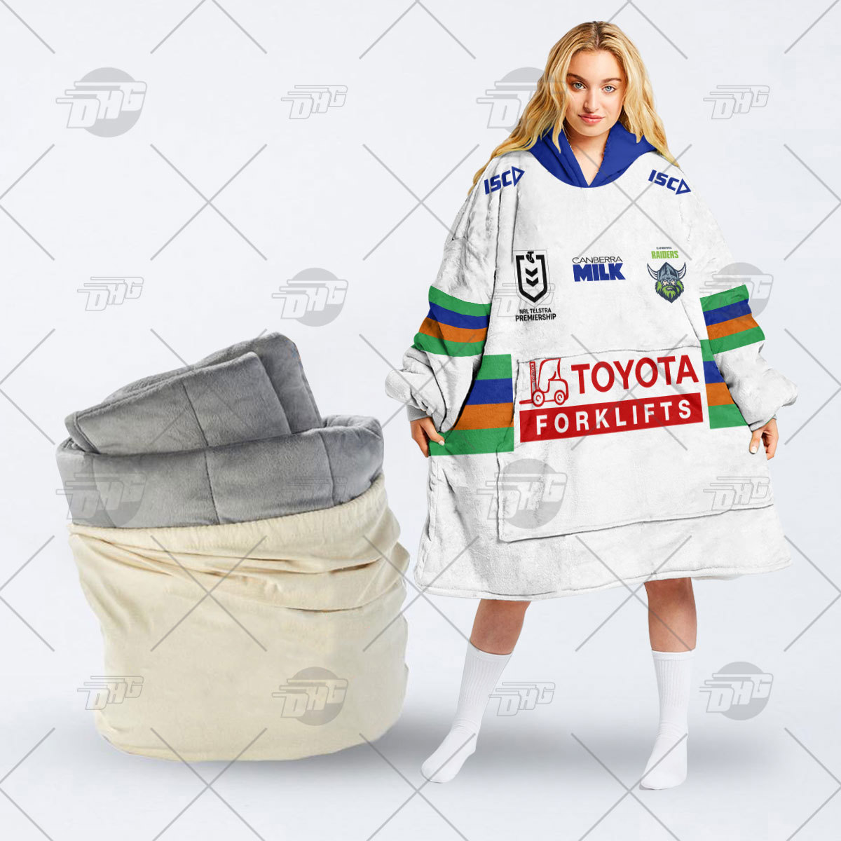 Oodie Statement Hoodie Blanket with Canberra Raiders Logo and Toyota Forklifts Branding