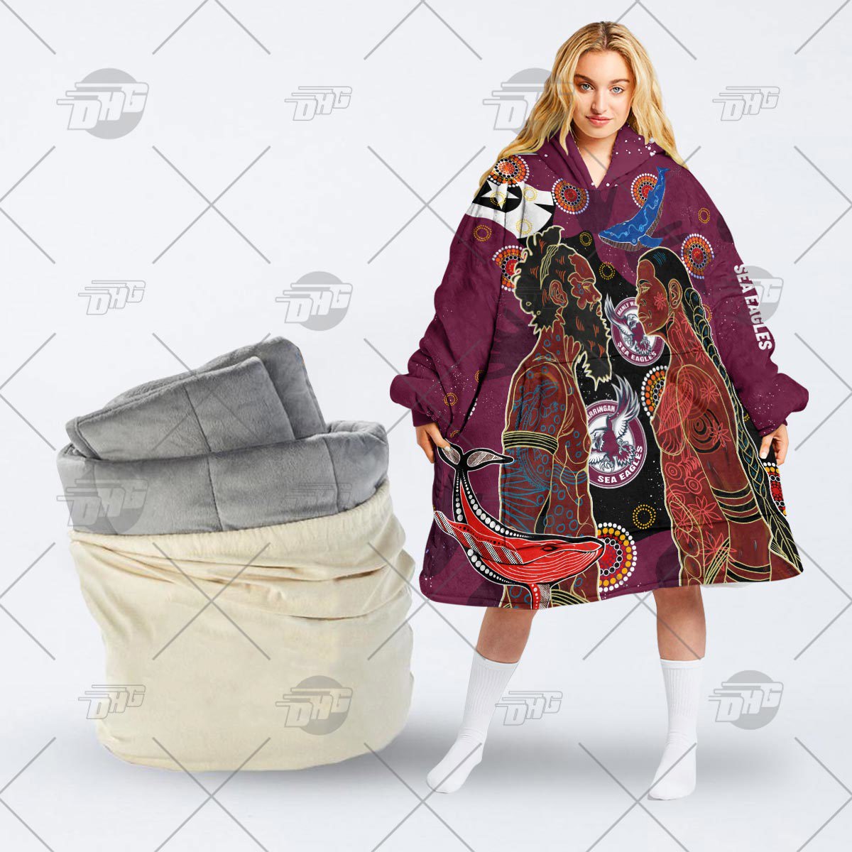 Oodie Statement Hoodie Wrap in Maroon and Native Artwork