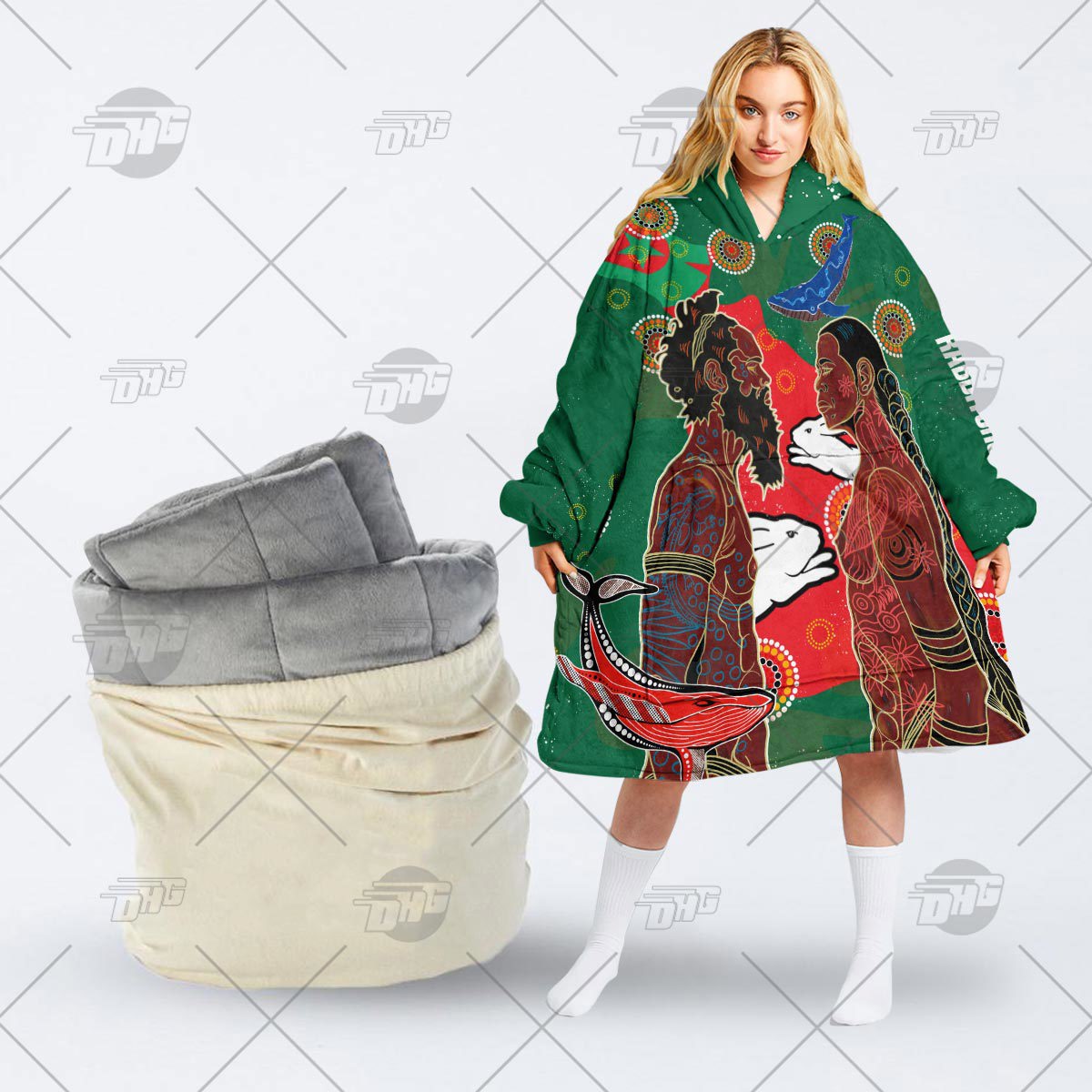 Oodie Unique Hooded Blanket in Green and Red Boho Print