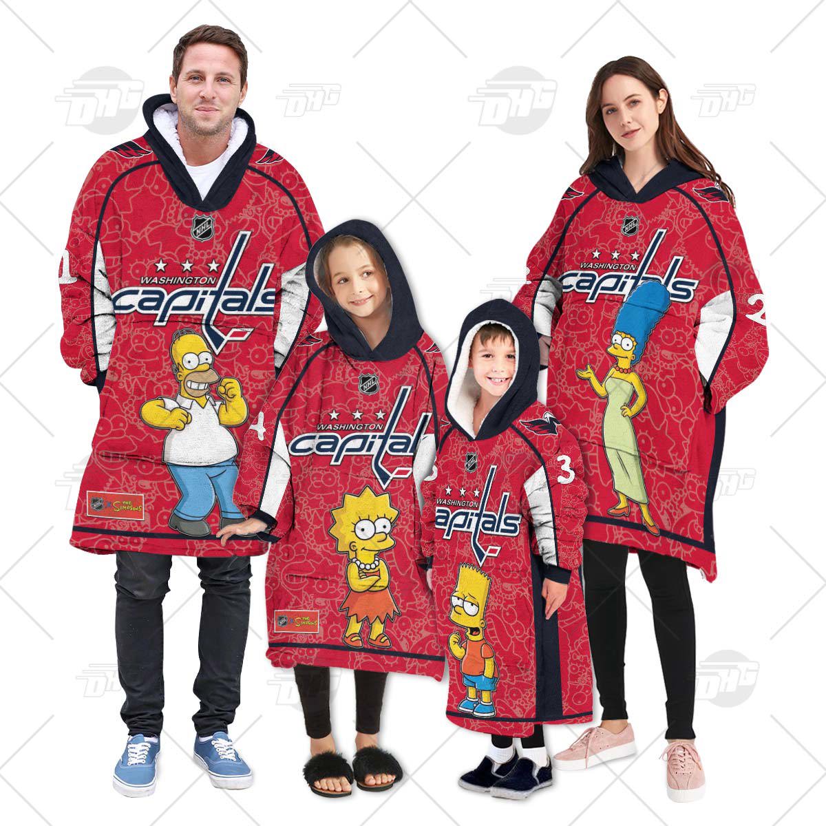 Oodie Washington Capitals Hockey Jersey Hoodie Blanket with Homer Simpson and Marge in Red