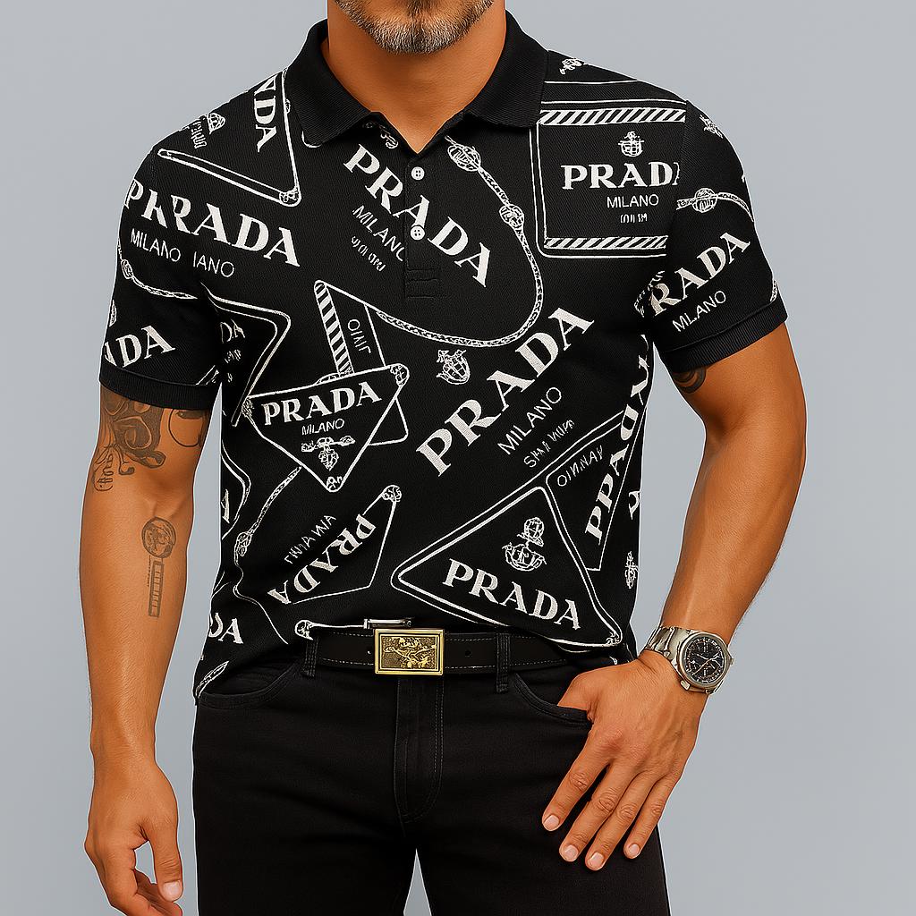 Prada Milano Luxury Polo Shirt with Bold Logo Prints & Black Texture