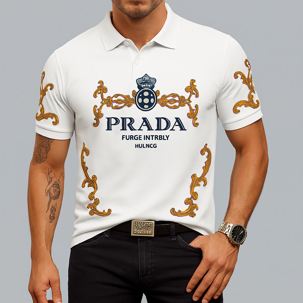 Prada Statement White Polo Shirt with Intricate Gold Details
