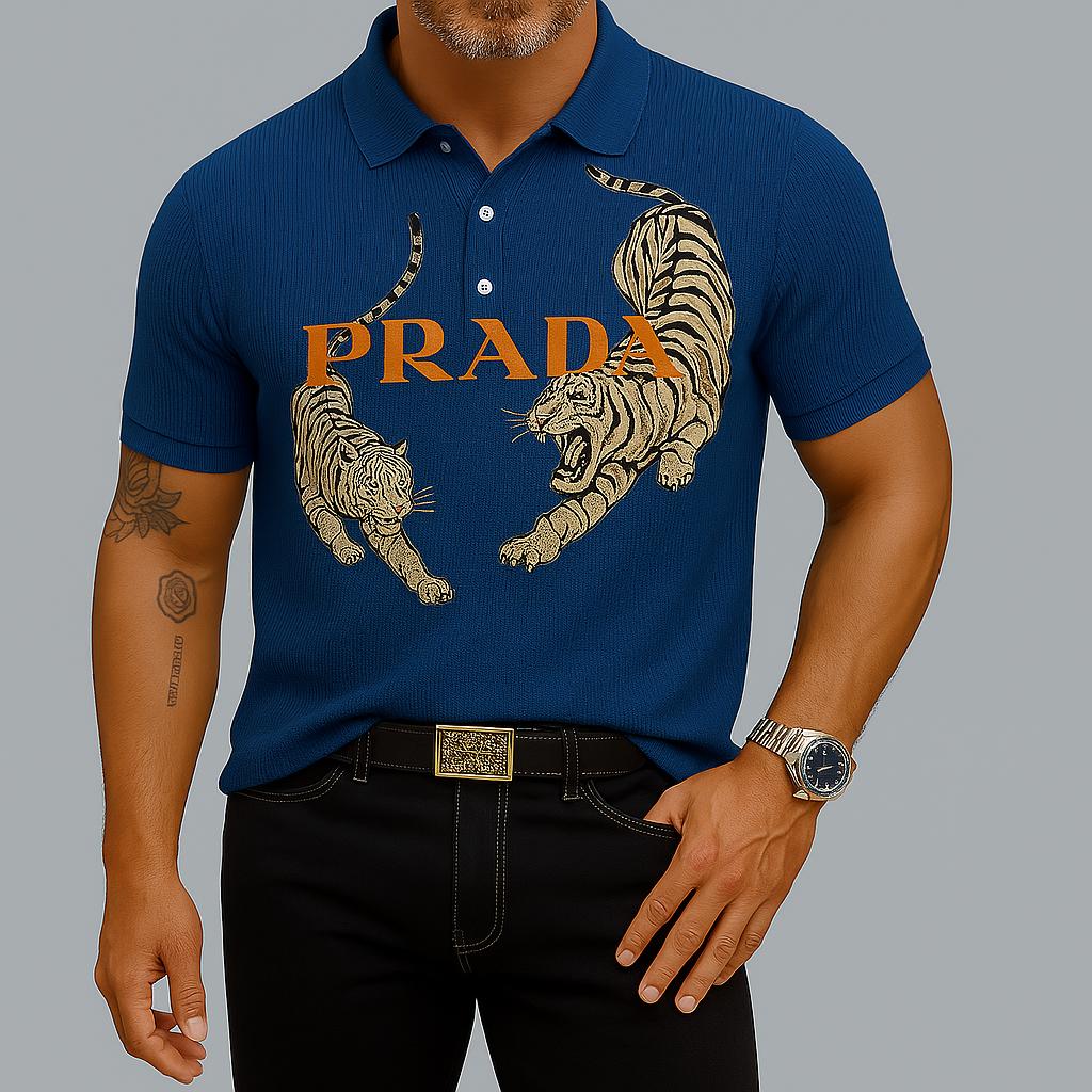 Prada's Bold Navy Knit Tiger Polo Shirt
