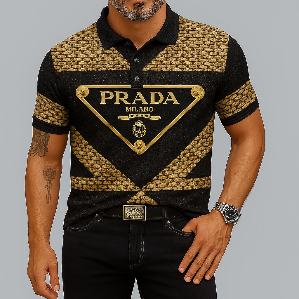 Prada's Iconic Gold and Black Polo Shirt for Luxury Gifting