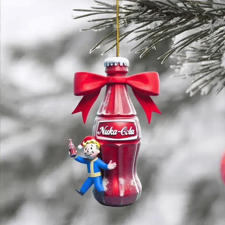 Red Nuka-Cola Bottle Ornament with Mini Vault Boy Statue