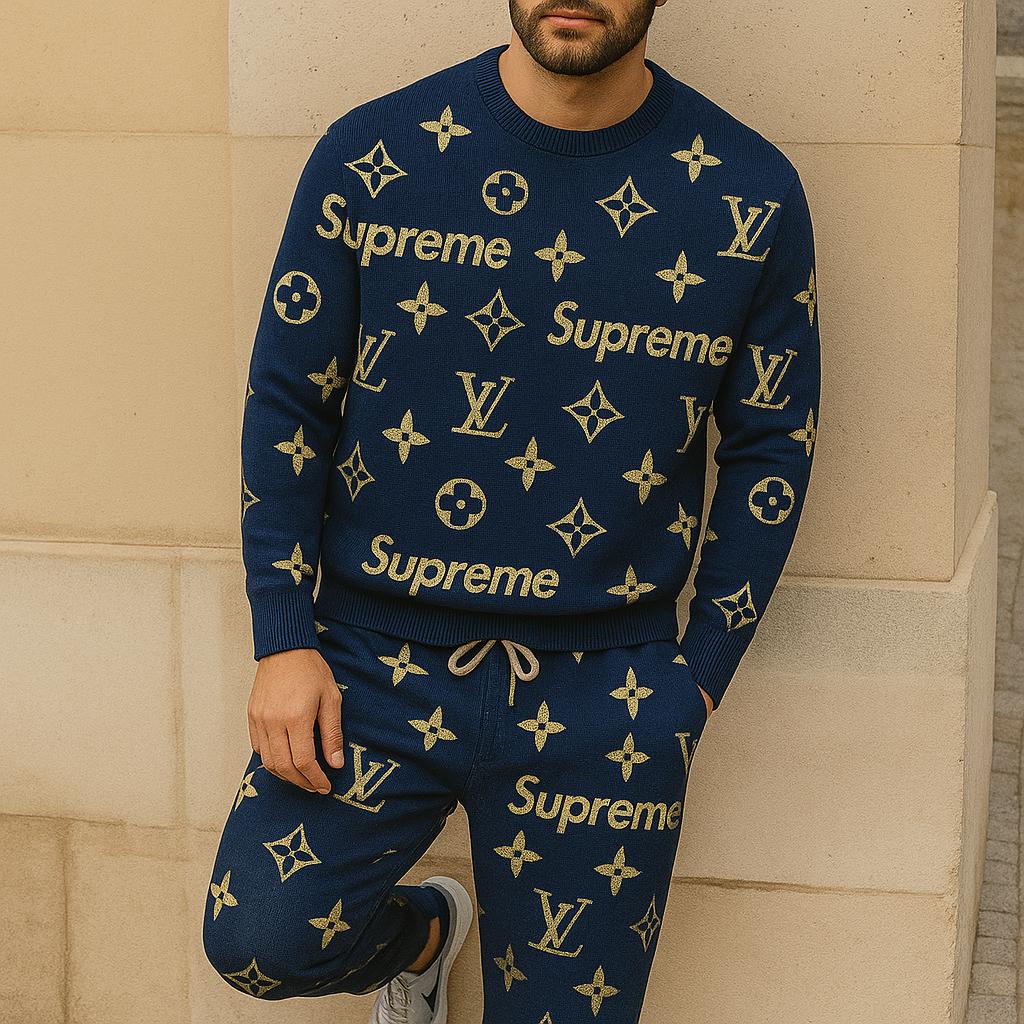 Supreme Louis Vuitton Navy Blue Sweater And Pants Set | Designer Statement Piece