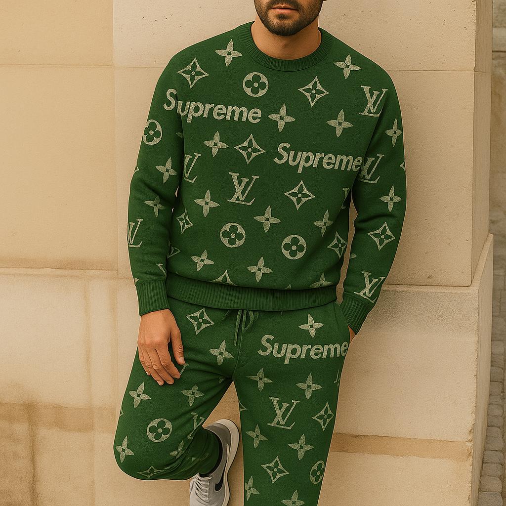 Supreme x Louis Vuitton Green Sweater And Pants Set | Luxury Lifestyle Ad