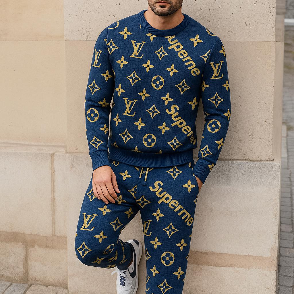 Supreme x Louis Vuitton Sweater And Pants Set | Bold Blue and Gold Statement Piece