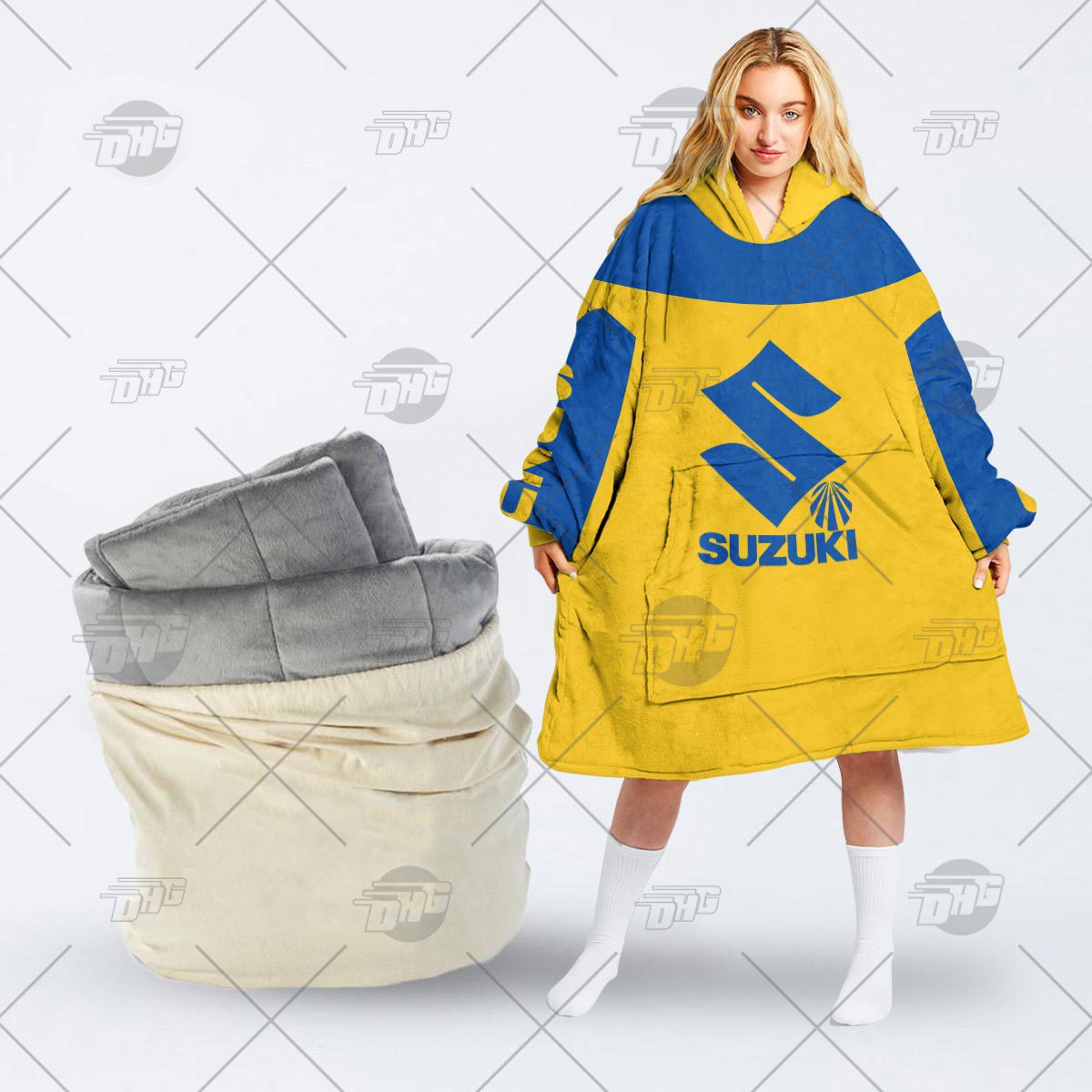 Suzuki x Oodie Yellow and Blue Statement Hoodie Blanket