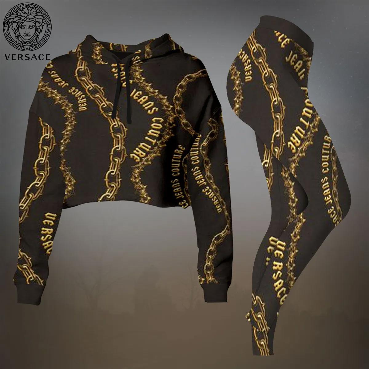Versace Couture Chain Print Crop-Top T-Shirt and Leggings Set - Luxury Edition