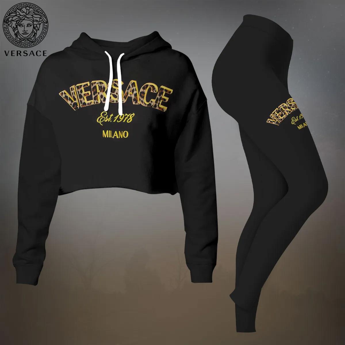 Versace Cropped Hoodie & Leggings Set | Black and Bold Statement Wear