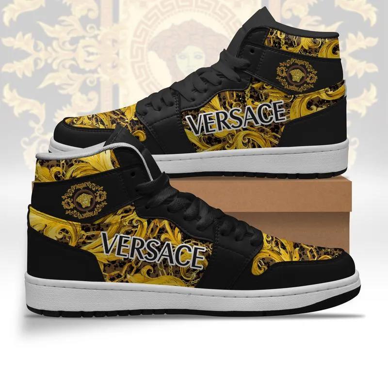 Versace Gold Baroque Print Air Jordan 1 High Top Sneakers