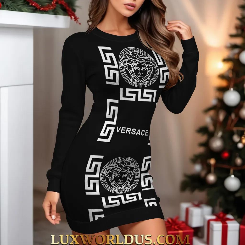 Versace Iconic Sweater Dress Black and White Luxury Lifestyle Ad