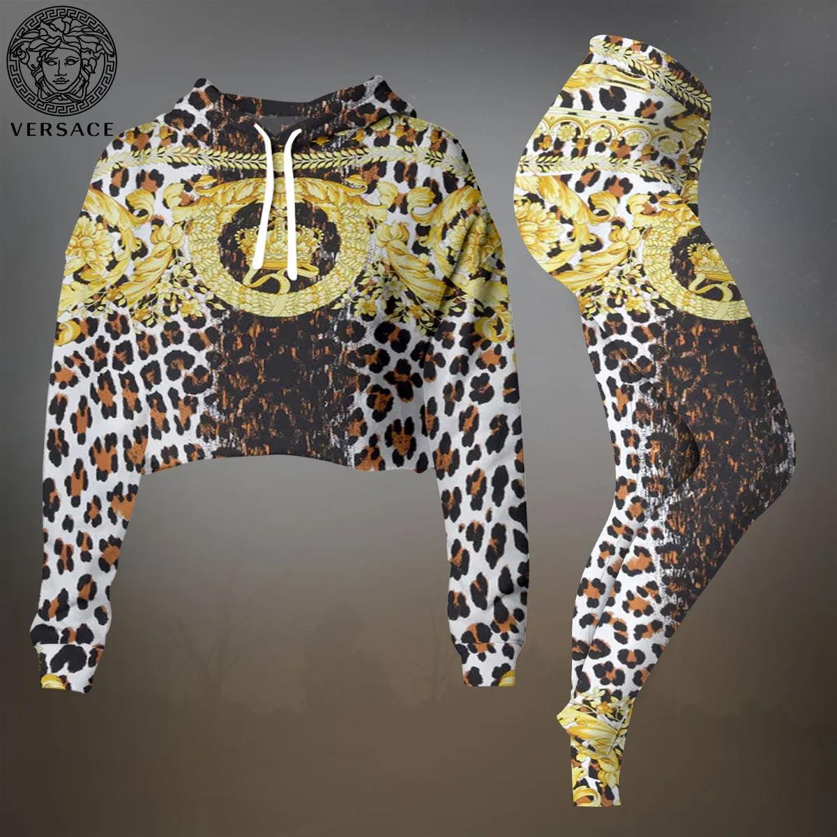 Versace Leopard Print Crop Top and Leggings Set