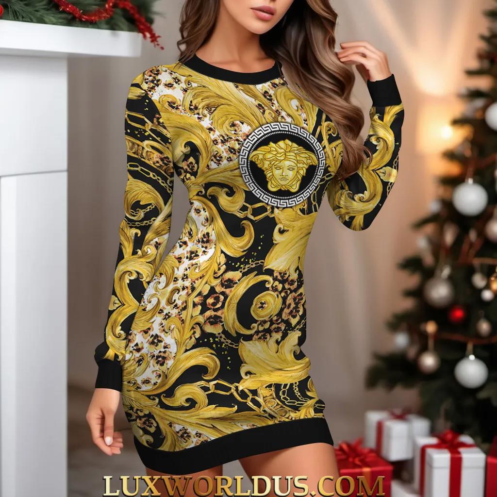 Versace Limited Edition Luxury Gold Baroque Sweater Dress