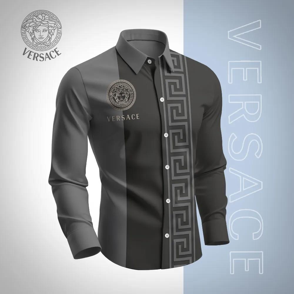 Versace Luxe Greek Key Long Sleeves Shirt in Charcoal Gray
