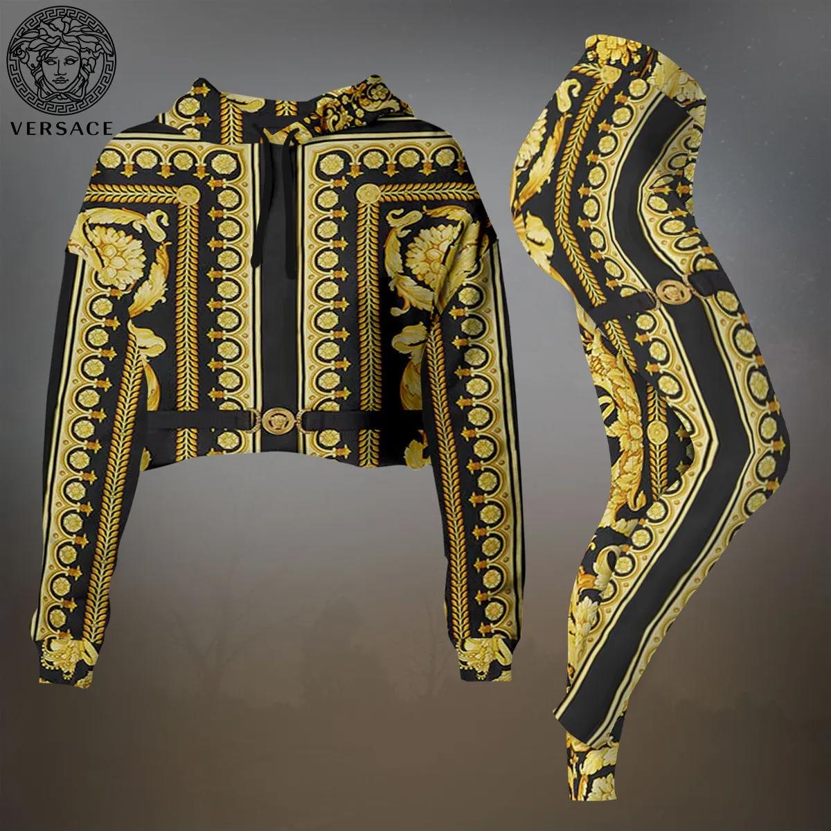 Versace Luxurious Gold Baroque Crop-Top T-Shirt and Leggings Set - Modern Chic