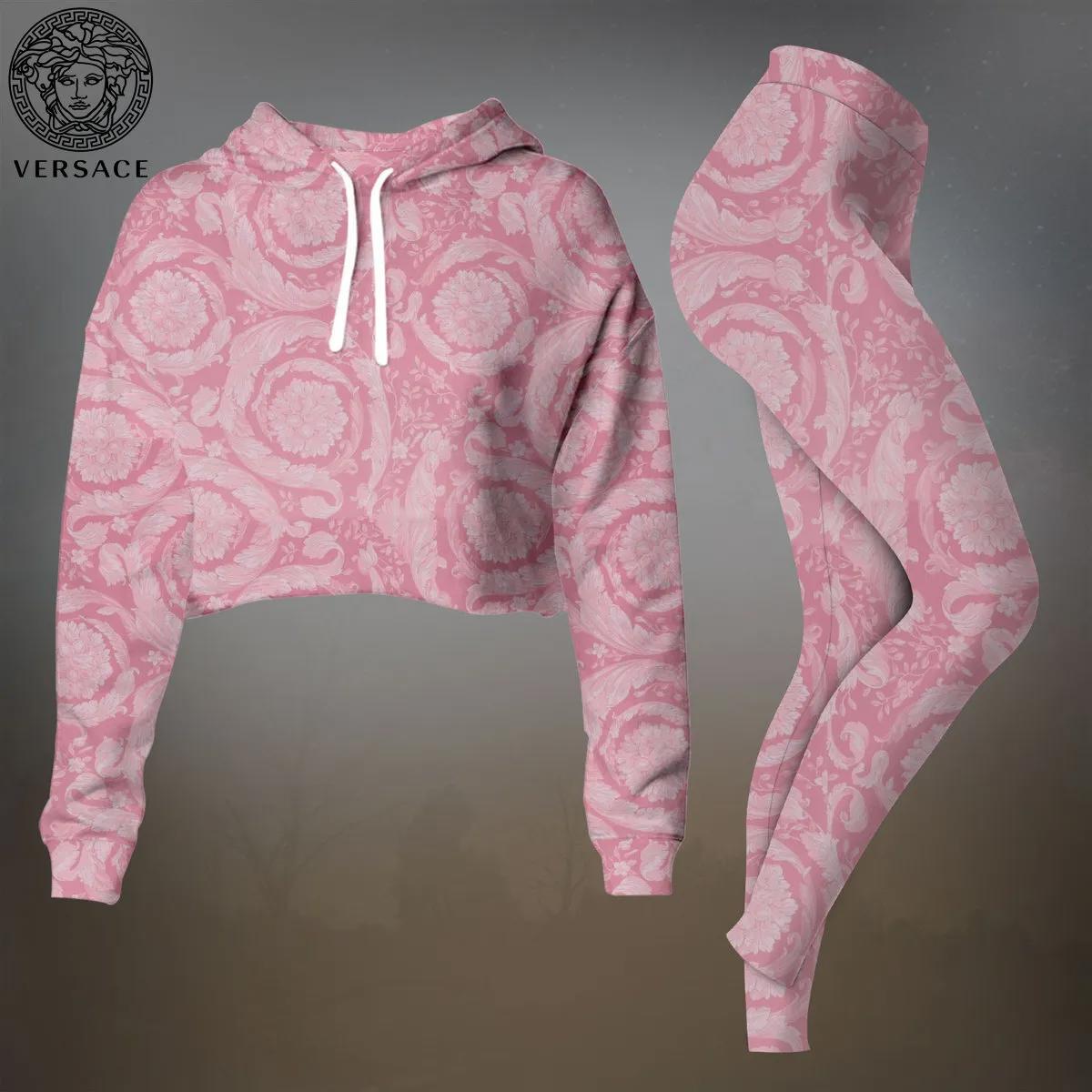 Versace Pink Baroque Crop-Top T-Shirt and Leggings Set - Chic Luxury Collection