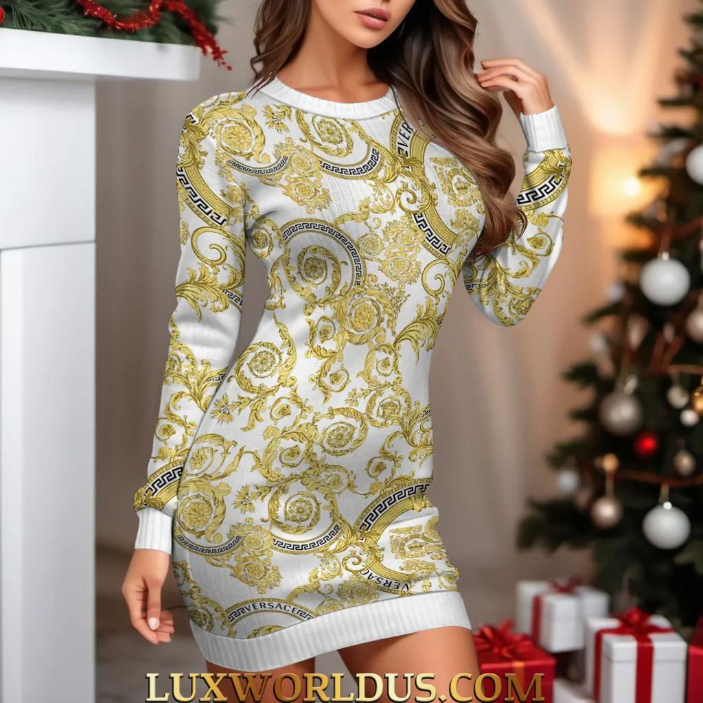 Versace Statement Sweater Dress in Luxurious Gold and White