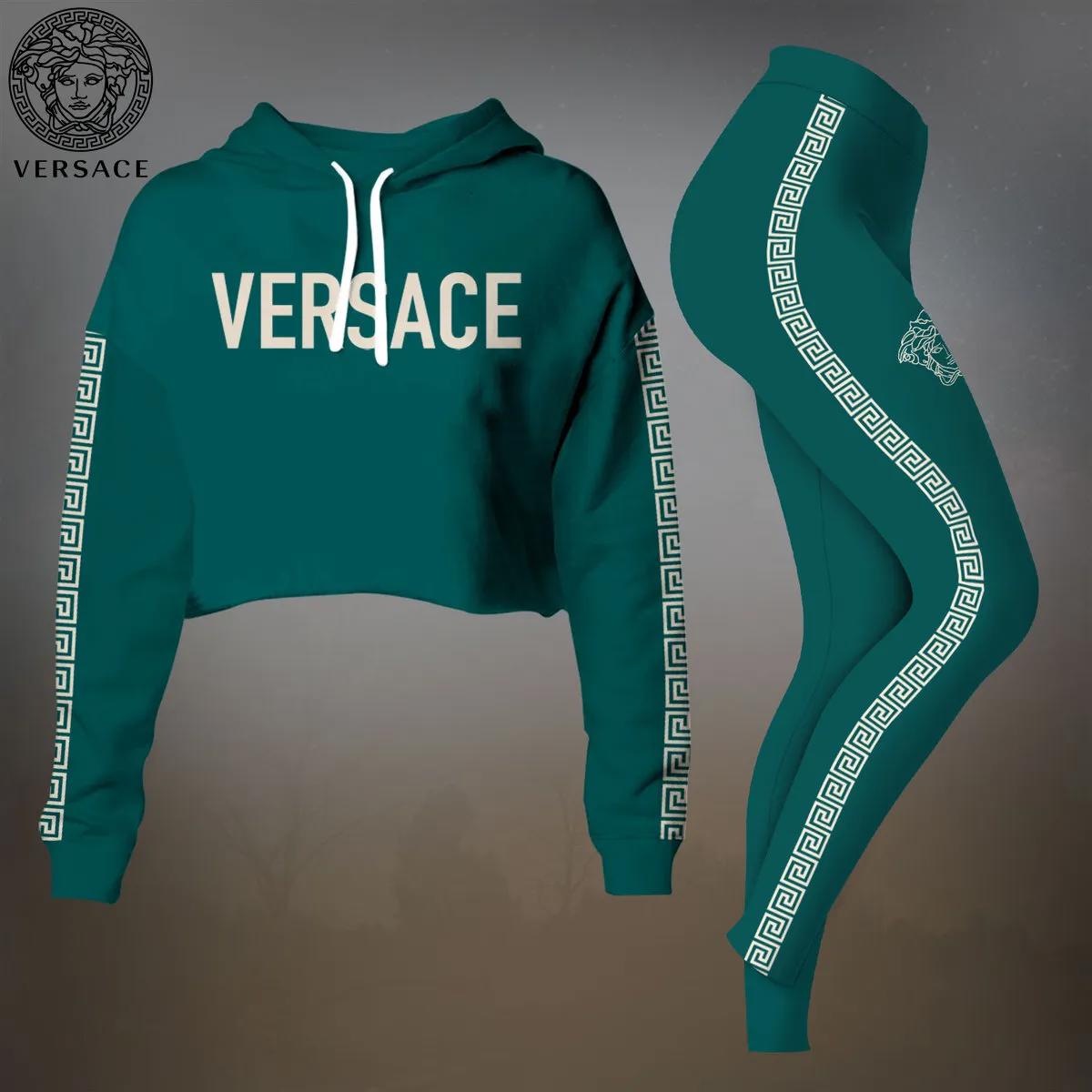 Versace Teal Crop-Top T-Shirt and Leggings Set - Modern Iconic Design