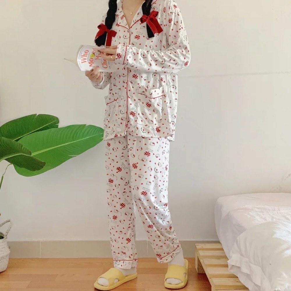 White and Red Flannel Print Pajama Set with Bowtie Detailing