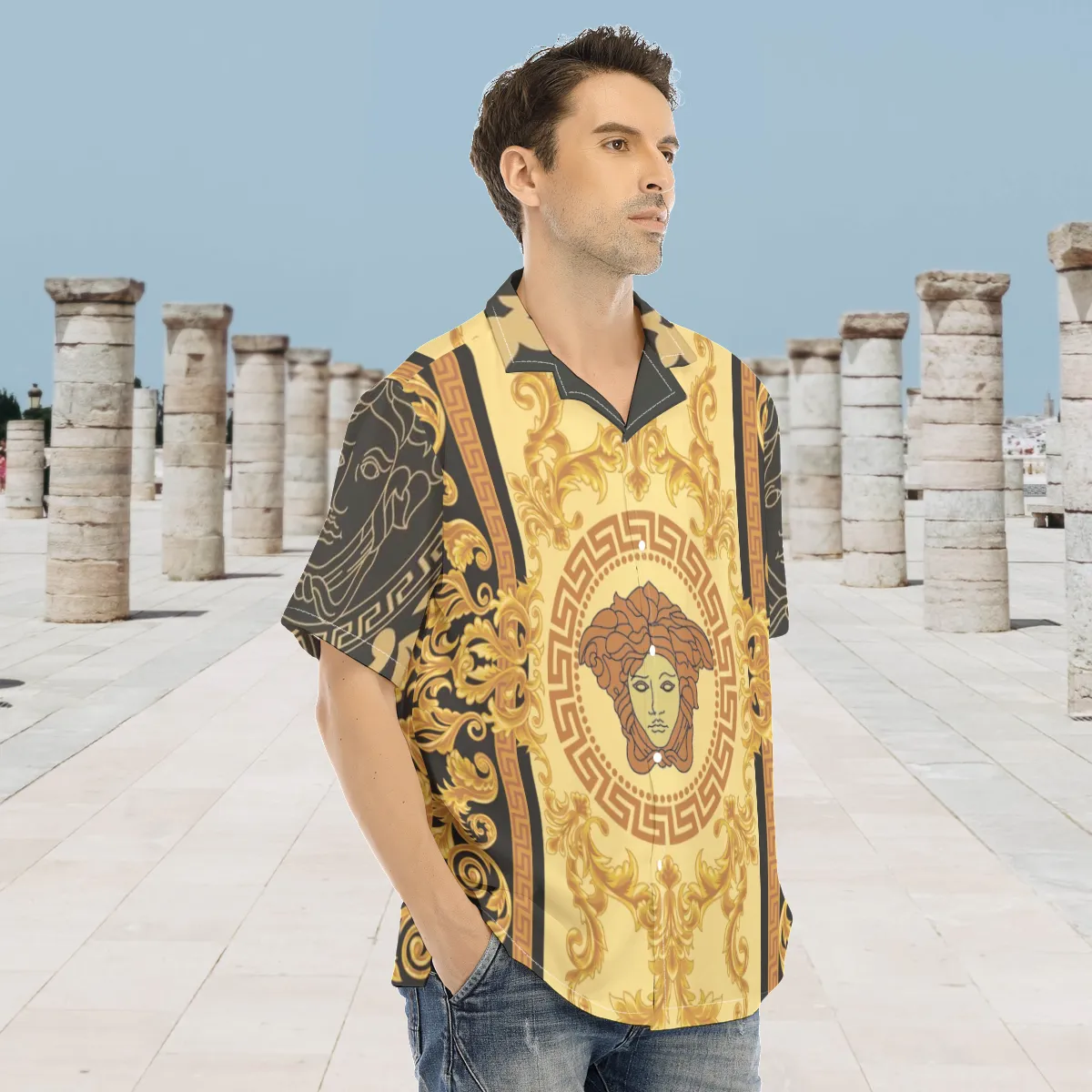 Versace black super luxury brand premium fashion hawaii shirt for men 