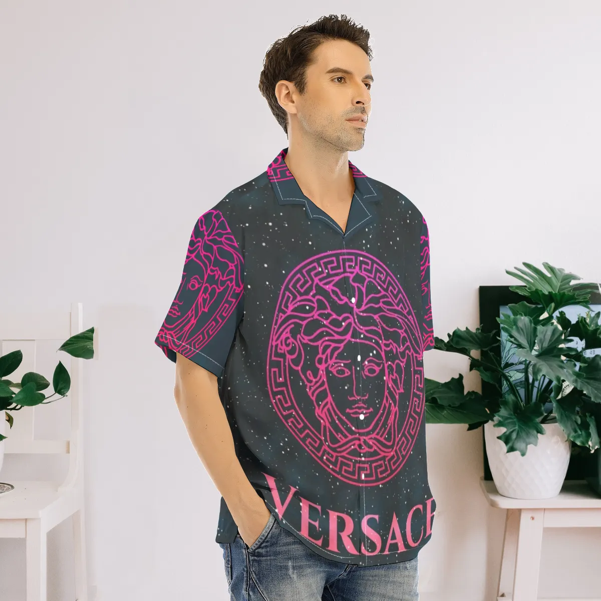 Versace black super luxury brand premium fashion hawaii shirt for men