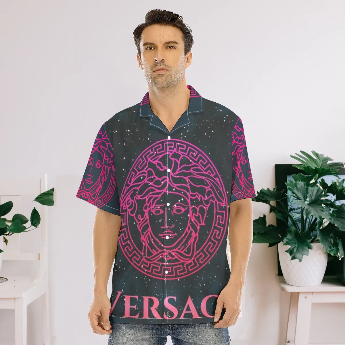 Versace black super luxury brand premium fashion hawaii shirt for men