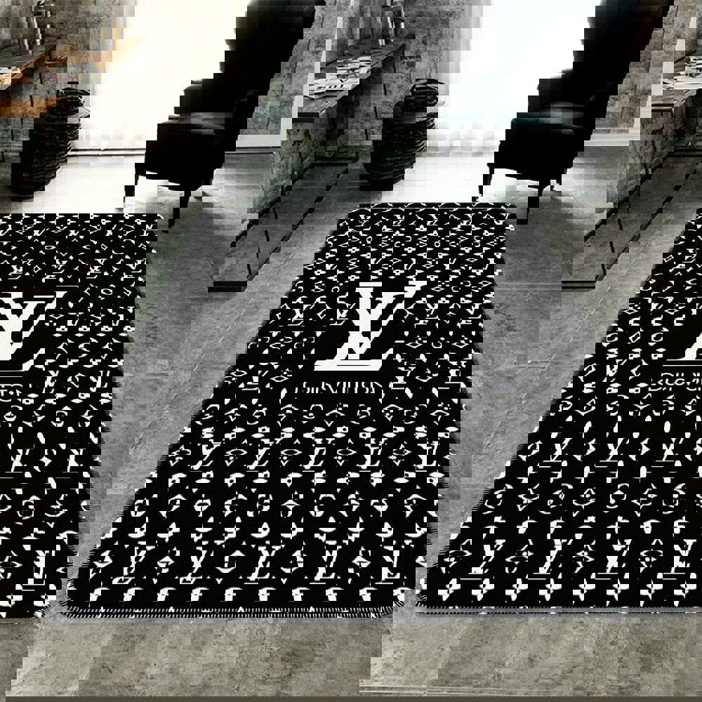
                louis vuitton black white logo fashion luxury brand rug carpet home decor
            