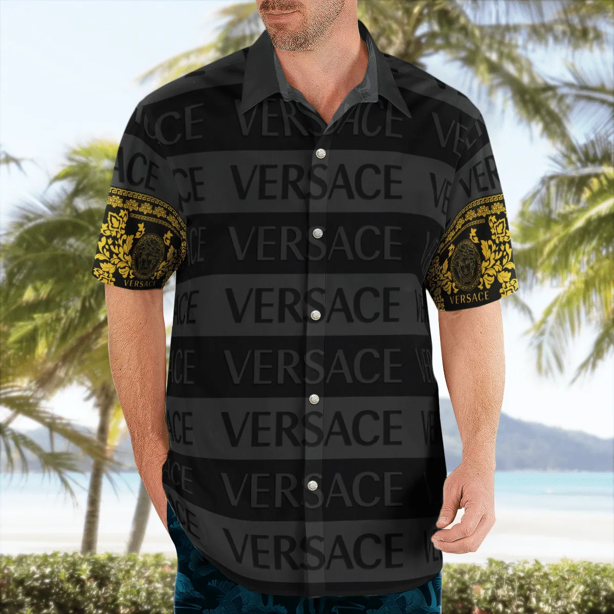 
versace black grey luxury brand premium fashion hawaii shirt for men 42 hawaii shirt
