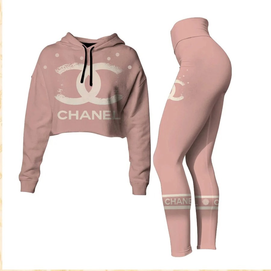 
            chanel pink croptop hoodie leggings for women luxury brand clothing clothes outfit for women
          