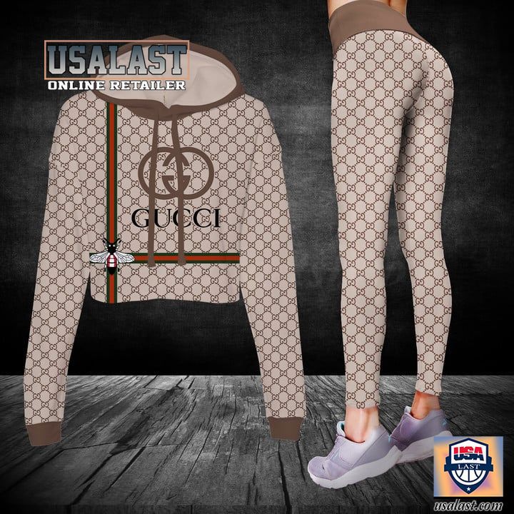 
            gucci bee crop top hoodie legging set for women luxury brand clothing clothes outfit for women
          