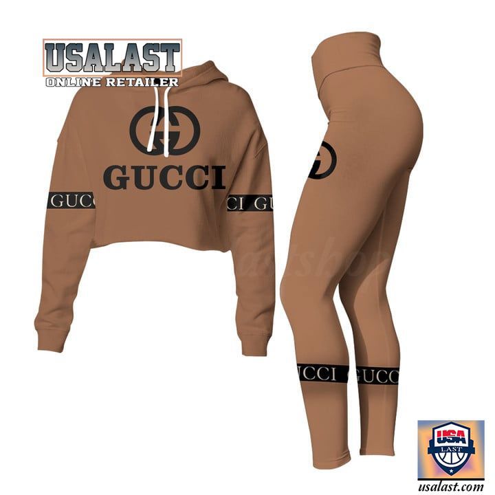 
            gucci light brown crop top hoodie legging set for women luxury brand clothing clothes outfit for women
          