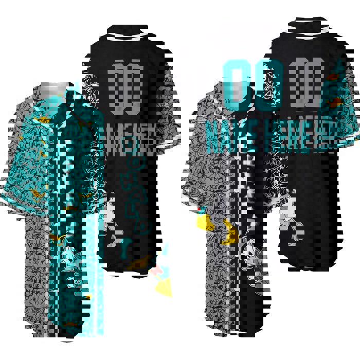 Donald duck pattern turquoise black | disney unisex cartoon graphic casual outfits | custom baseball jersey