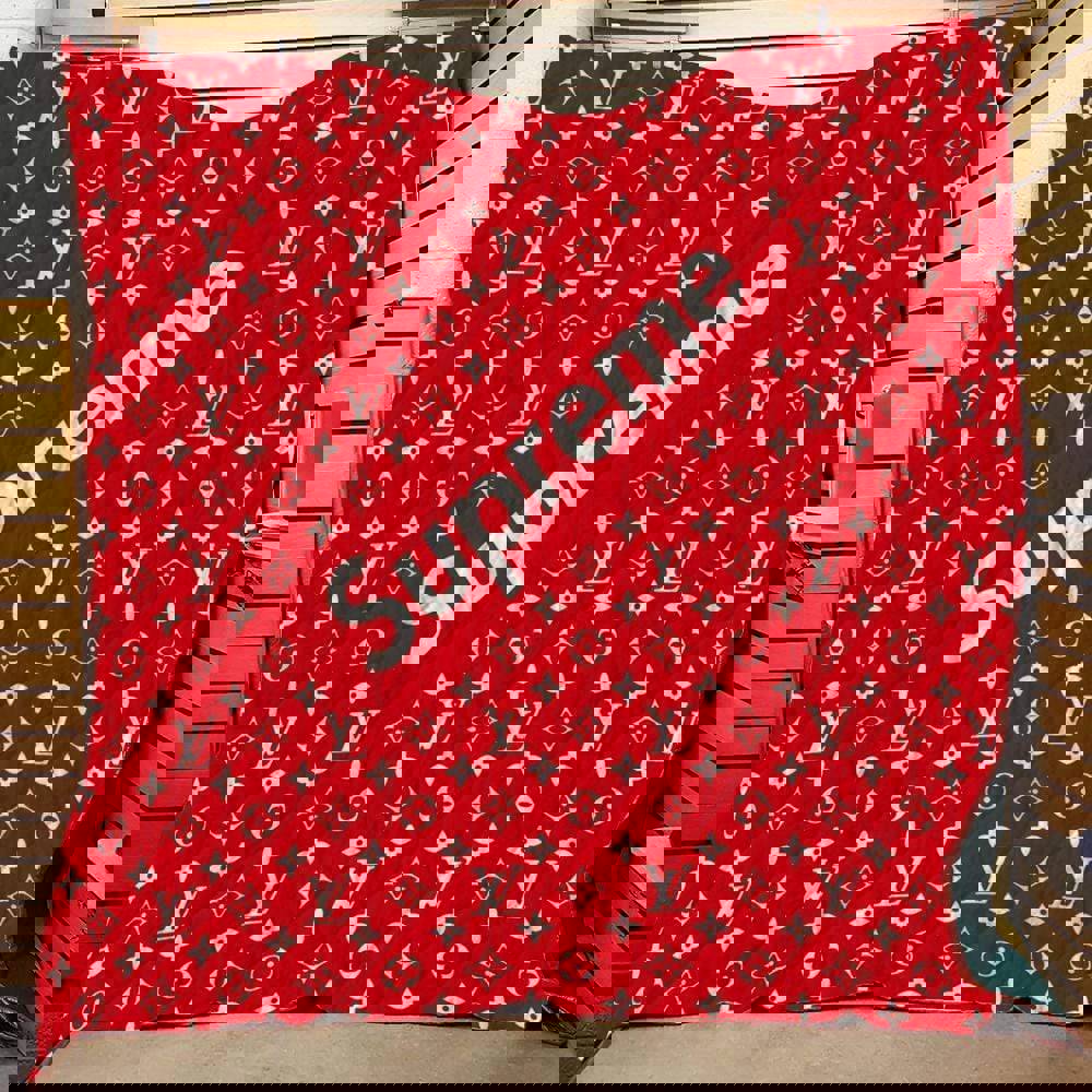 Louis vuitton supreme red small logo luxury brand premium fleece sherpa blanket sofa decor bl2025
