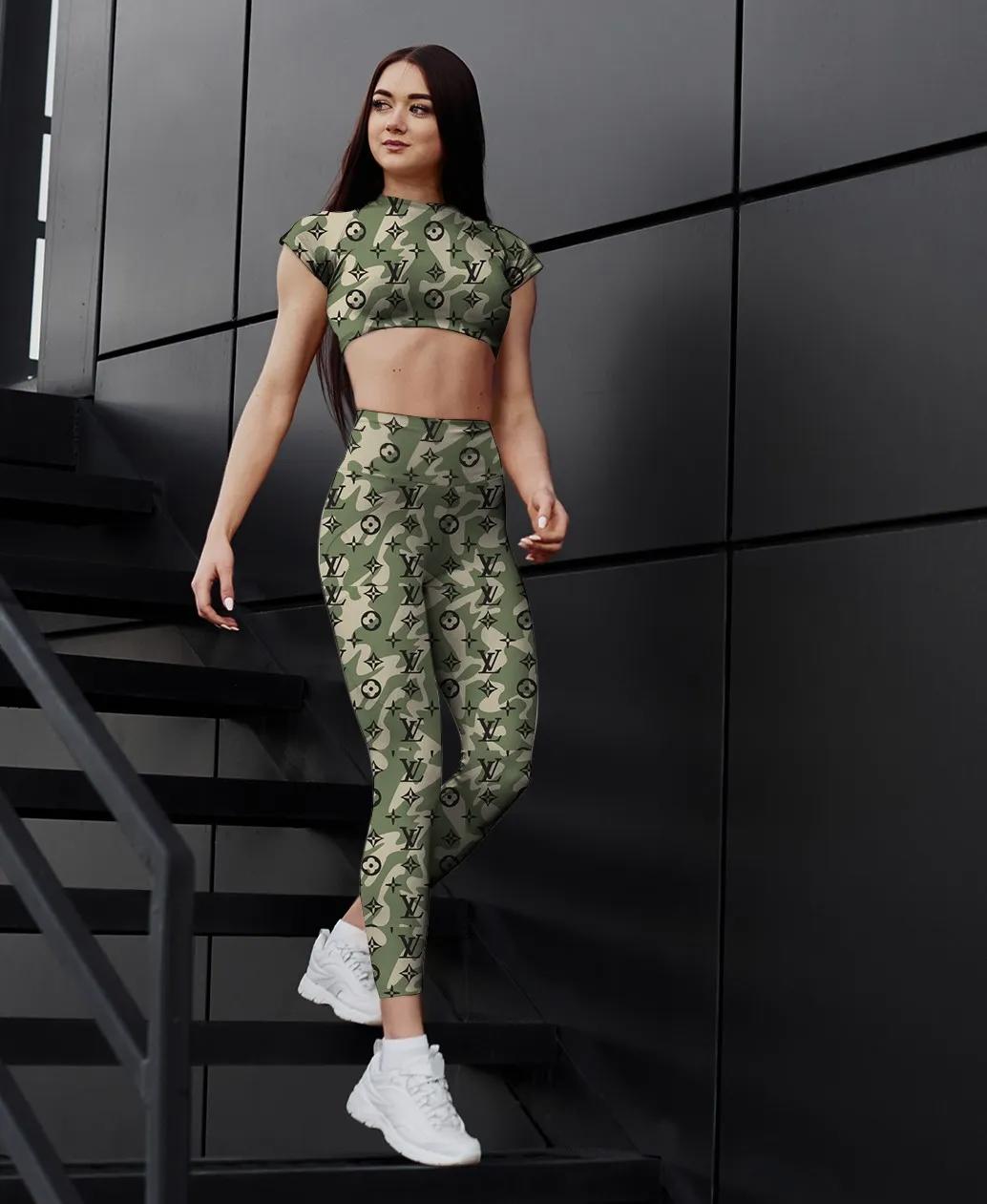 
            army green louis vuitton sportwear combo luxury brand crop top and legging for women
          