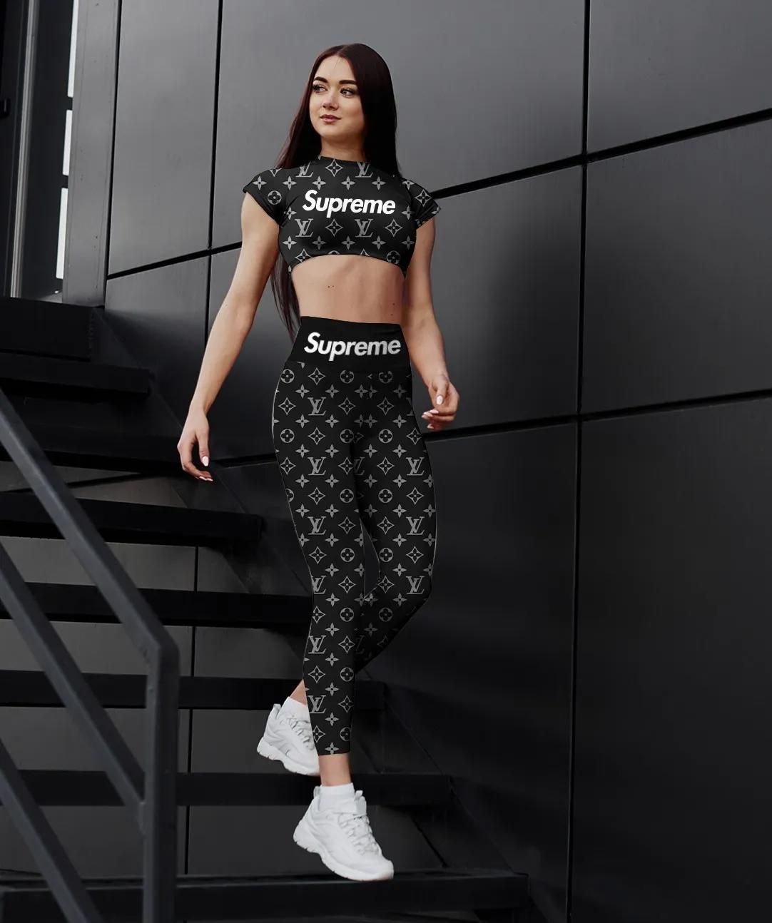 
            black louis vuitton sportwear combo luxury crop top and legging for women
          