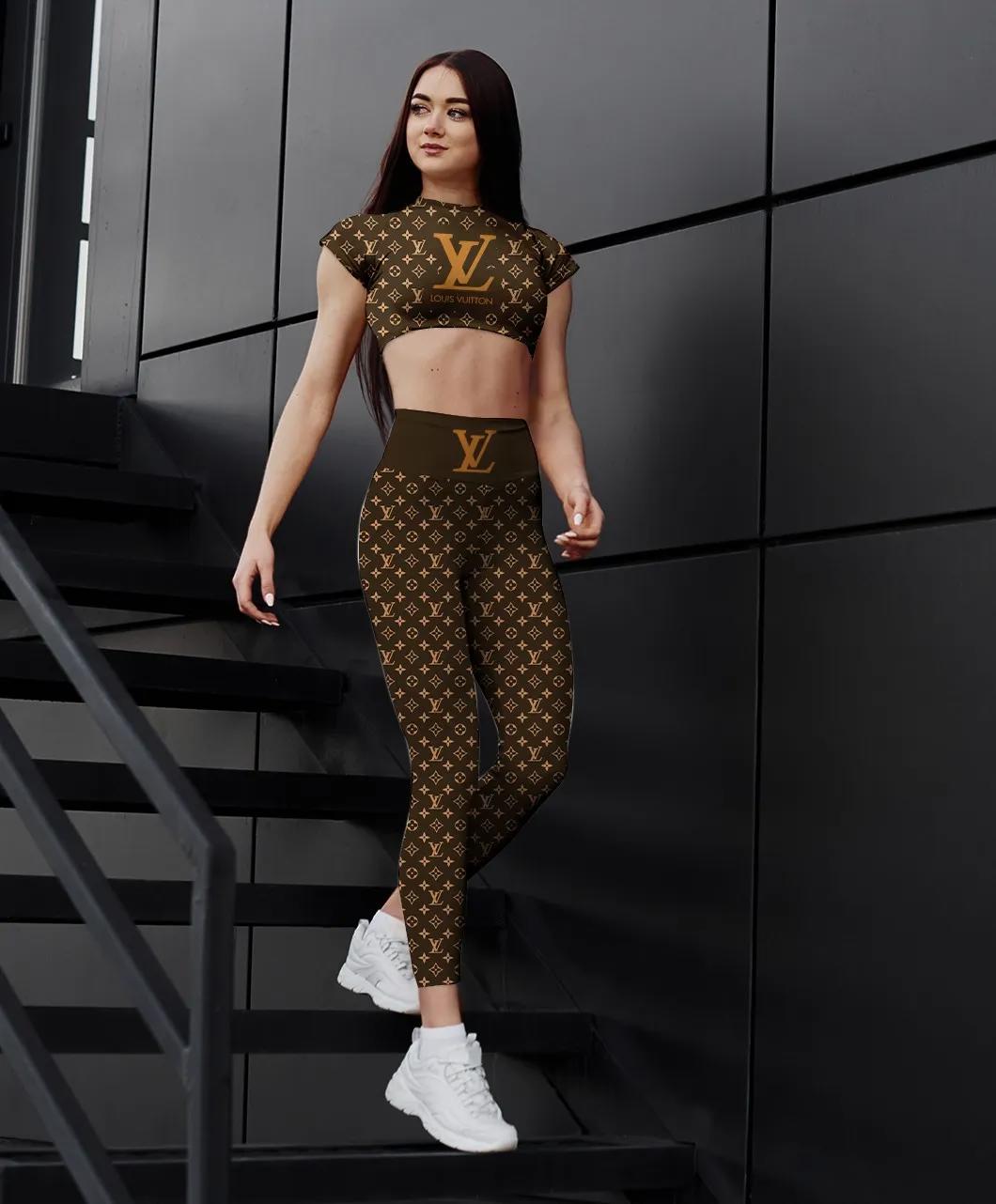 
            brown louis vuitton sportwear combo luxury brand crop top and legging for women
          