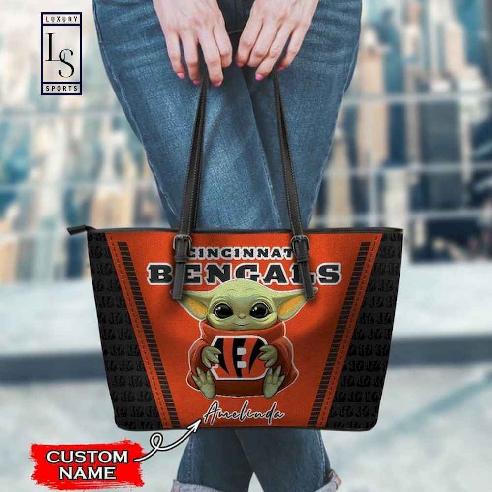 Cincinnati bengals with baby yoda custom name leather tote bag
