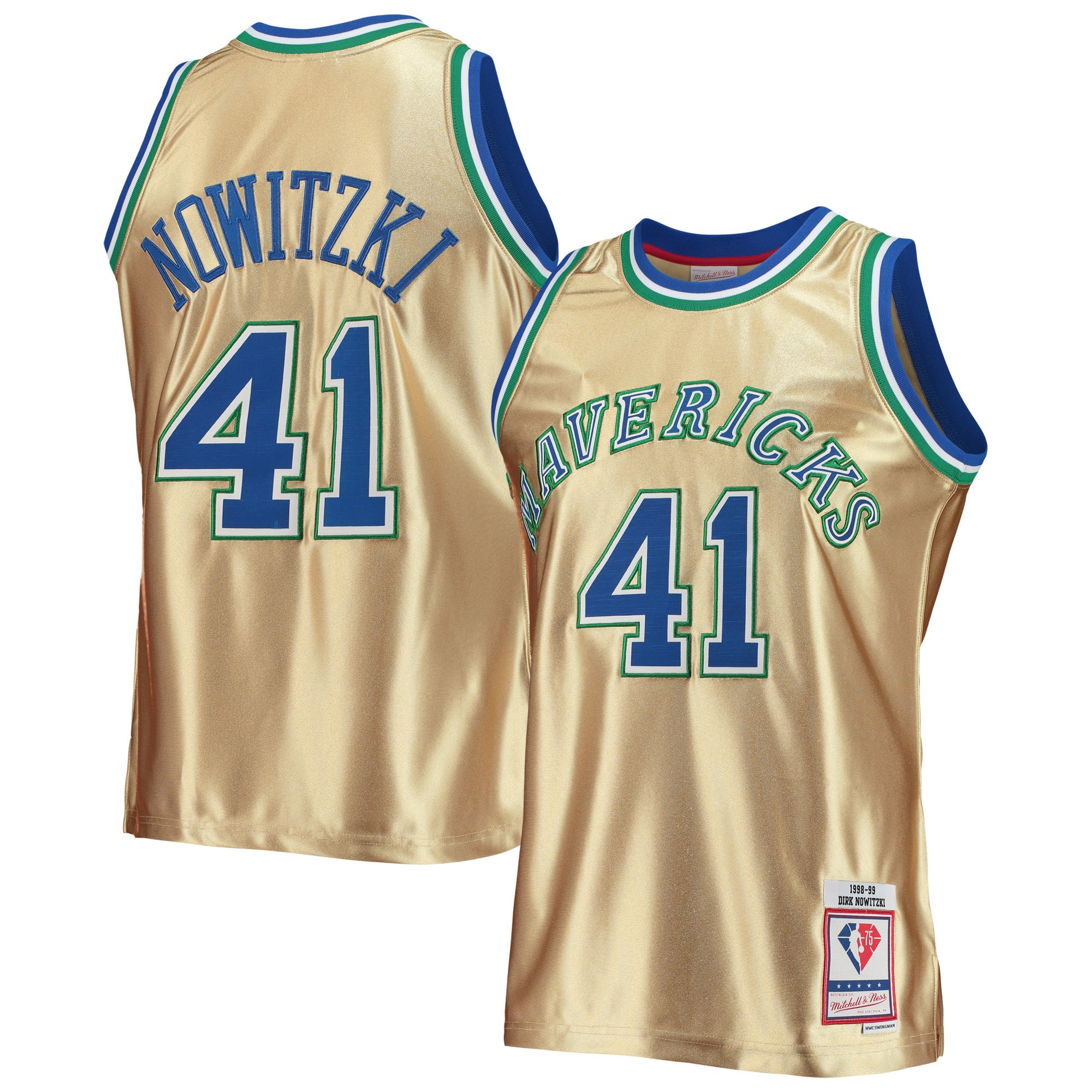 Dirk nowitzki dallas mavericks mitchell & ness 75th anniversary 1998-99 hardwood classics swingman jersey for nba basketball fans 