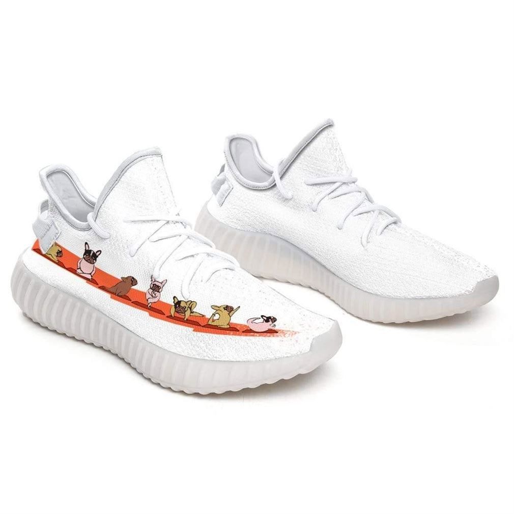 Frenchie doing yoga yeezy shoes sport sneakers