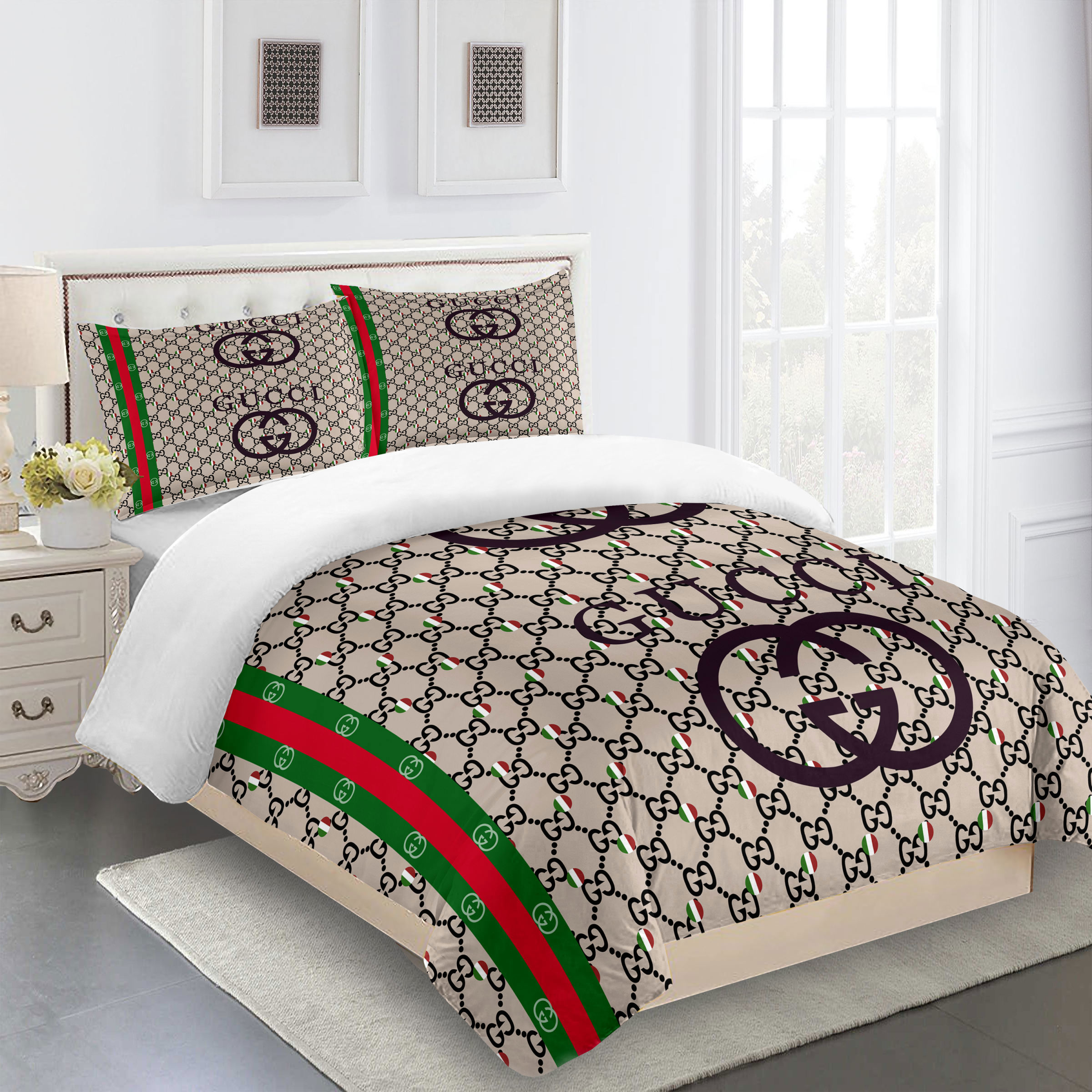 Gucci beige red gree logo brand bedding set luxury bedroom home decor bedspread