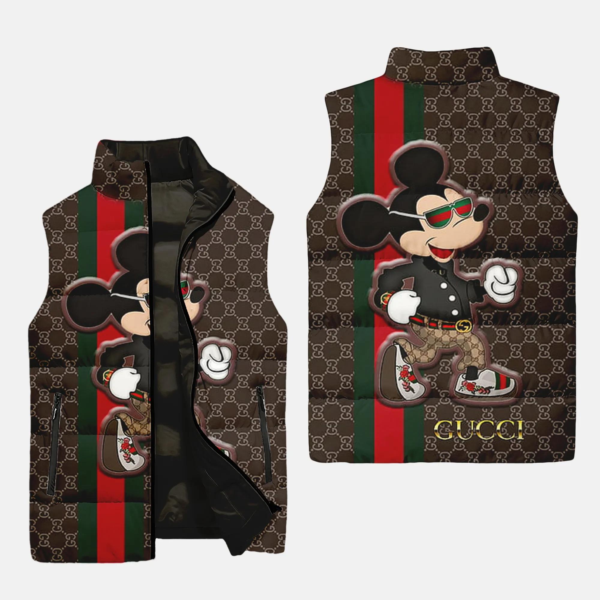 Gucci mickey mouse brown luxury brand 3d sleeveless puffer jacket